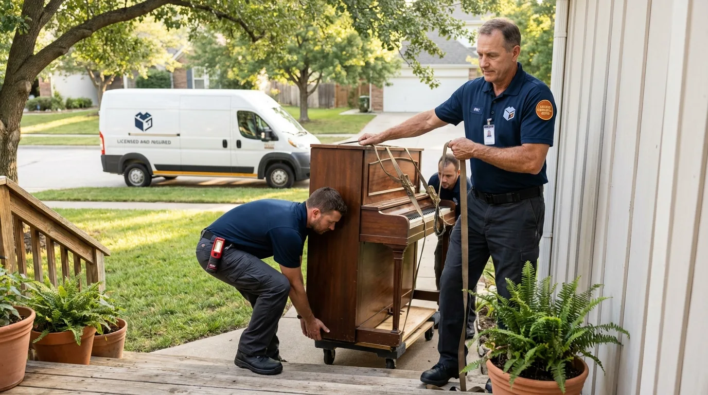 Licensed piano movers securing grand piano in Inyokern, CA