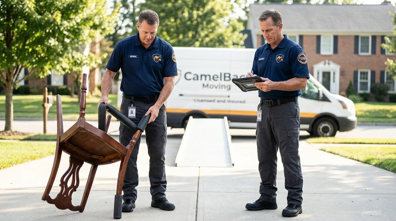 Movers inspecting furniture for damage prevention before loading in Inyokern, CA