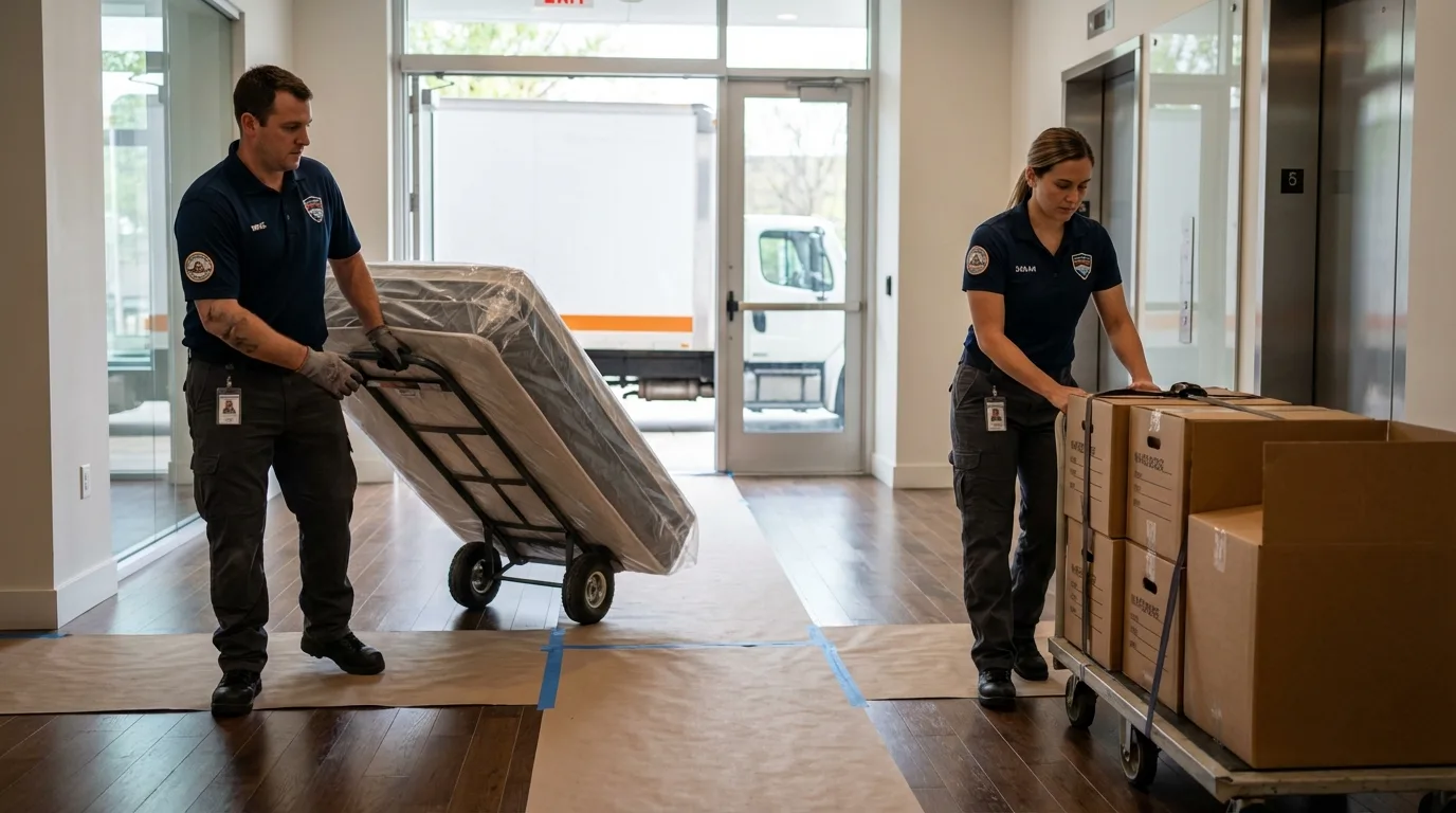 Professional apartment movers loading elevator in Inyokern, CA